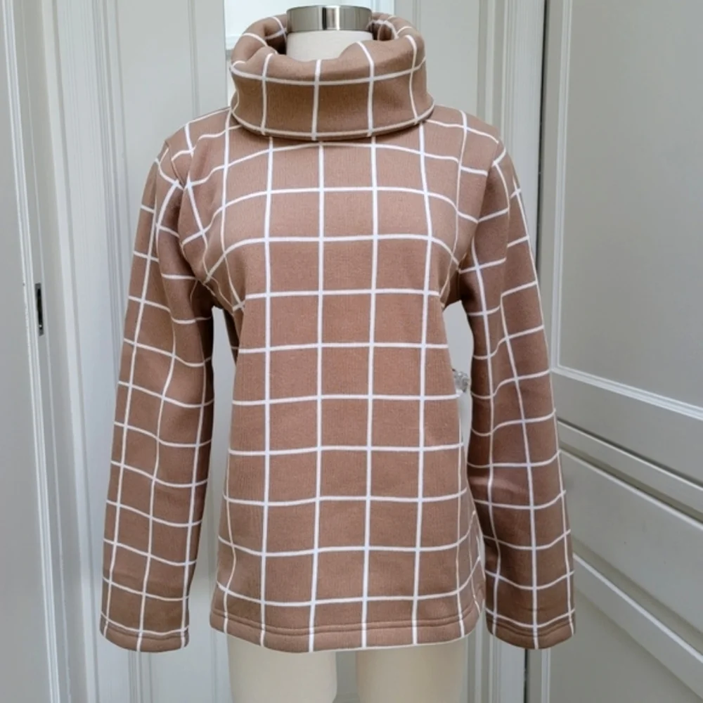 New! J Crew Sz L Camel Gridline Funnelneck Sweater Large NWT